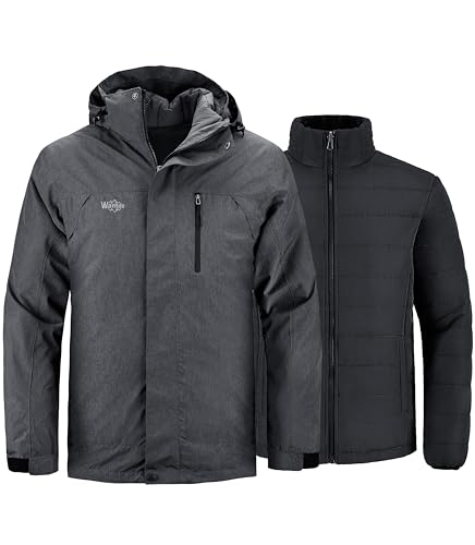 wantdo Men's 3 in 1 Winter Jacket Waterproof Interchange Ski Coat Dark Gray 2XL