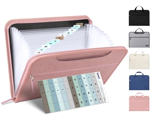 Image of Sooez Heavy Duty Accordion File Organizer with Hidden Handle, Portable 12 Pockets Expanding File Folders, Cloth Monthly Bills Receipt Organizer for Letter/A4, School Classroom Home & Office Supplies