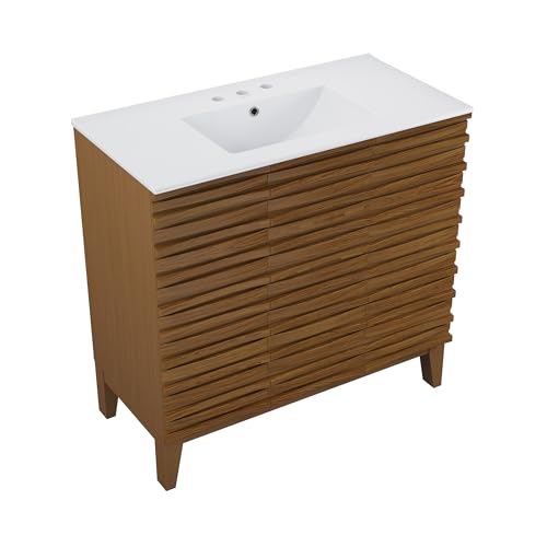 Image of Swiss Madison Cascade 36 in. Brown Oak Bathroom Vanity with White, 3-Hole Ceramic Sink Top