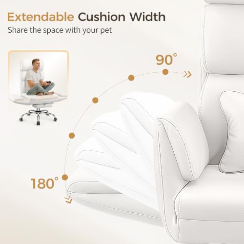 Image of Big and Tall Office Chair 500LBS, Ergonomic High Back Leather Executive Chair, Reclining Swivel with Adjustable Armrests Lumbar Support Footrest, Cross Legged, White