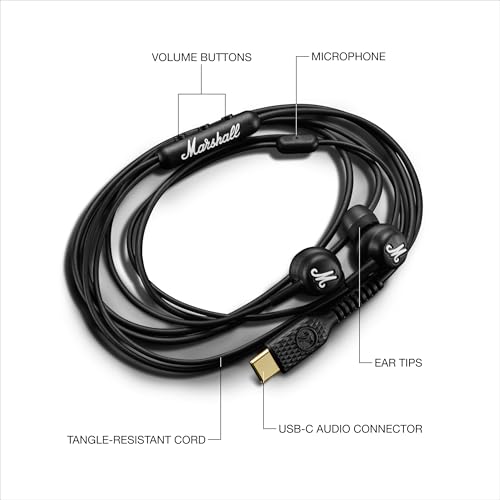 Image of Marshall Mode USB-C Wired Earbuds - Built-in Microphone | Customizable Fit | Tangle-Resistant Cord | Dynamic Drivers - Black