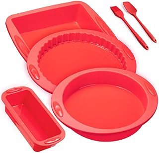 COSYLAND 6 Pieces Silicone Baking Mould Set with 2 Oil Brush Non-Stick Molds Bakeware Loaf Tin Trays for Baking Cakes, Bread, Pie, Pancakes Rectangular, Round, Square, Red