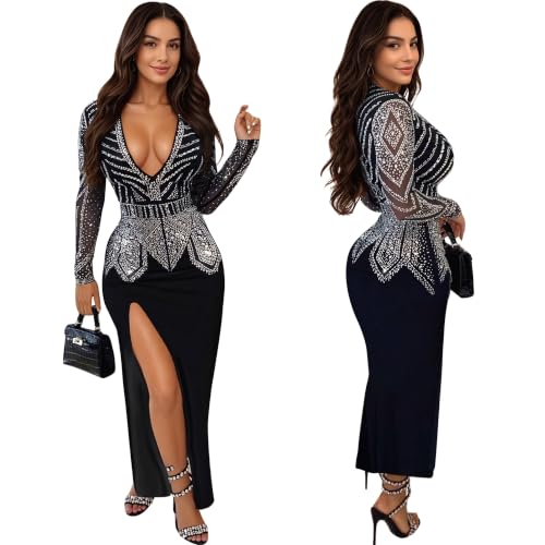 Image of PORRCEY Women's Sexy Rhinestone Lace Sheer Mesh Formal Evening Dress