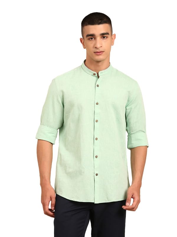 Image of Cavallo by Linen Club Men's Blended Linen Blue Solid Contemporary Fit Full Sleeve Casual Shirt