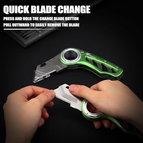 Image of Tondiamo 2 Pcs Folding Pocket Utility Knife Heavy Duty Box Cutter Folding Razor Knife with Anti Slip Finger Loop Easy Change Blades 3 Lock Positions Design (Green)