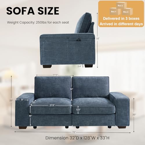 Image of TEKAMON 73 inch Modular Sofa Couch with Seat Storage, Comfy 2-Seater Chenille Fabric Loveseat Sofa for Living Room, Office, Apartment W /Deep Seat, Wide Armrest,Pockets, USB Charging Removable Cover(Blue)