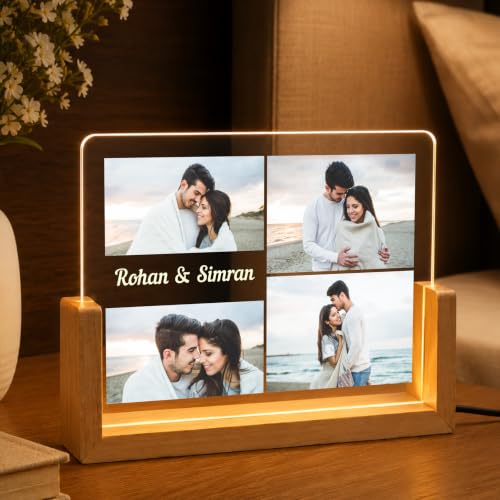 Image of Giftplease Personalized LED Acrylic Photo Frame with Custom Picture and Name, Romantic Couple Memory Lamp, Wooden Base USB Table Decor, Anniversary Bedroom Home Display Keepsake Art