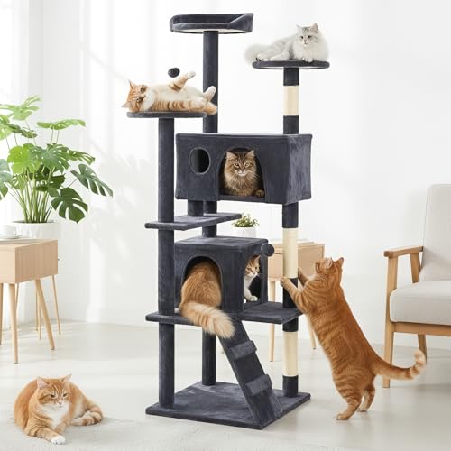 Image of Sweetcrispy 62 Inch Cat Tree Tower, Multi-Level with Cat Scratching Post, Indoor Cat Condo with Climbing Ladder, Plush Toy, Play House for Cat, Dark Grey