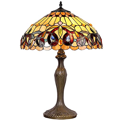 WERFACTORY Tiffany Style Table Lamp Colorful Stained Glass Serenity Victorian Bedside Lamp16X16X24 Inches Desk Light Metal Base Decor Bedroom Living Room Home Office S021 Series…