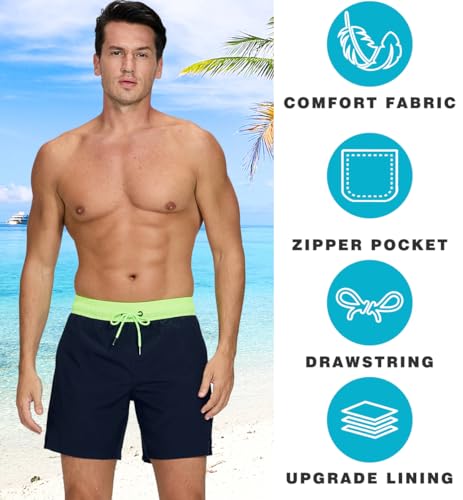 Image of Mens Swim Trunks Compression Liner No Mesh Swimming Trunks Men Swimwear Quick Dry Above Knee Zipper Pocket Swim Shorts