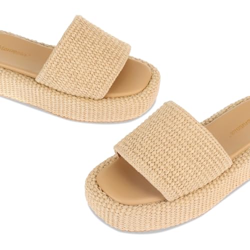 Image of Monrovia Platform Sandals Women Raffia Espadrille Slides, Woven Straw Flatform Beach Sandals Women, Slip On Summer Vacation Shoes, Comfortable Casual Daily Wear