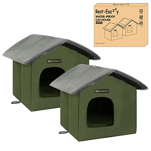 Rest-Eazzzy Cat House for Outdoor Cats, Weatherproof and Insulated Feral Cat House with Mat and Clip, Easy to Put Together, Selfwarming Cat Shelter for Winter(Olive Green, Canopy House X 1)