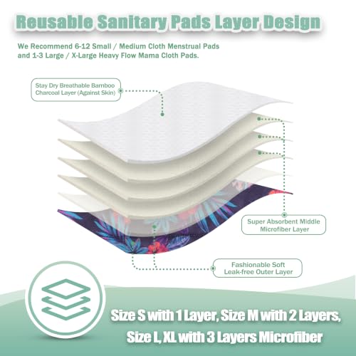 Image of wegreeco Charcoal Reusable Menstrual Pads - Reusable Sanitary Pads | Reusable Panty Liners | Soft Cloth Menstrual - 6 Pack with 1 Cloth Mini Wet Bag (Hawaiian, Large)