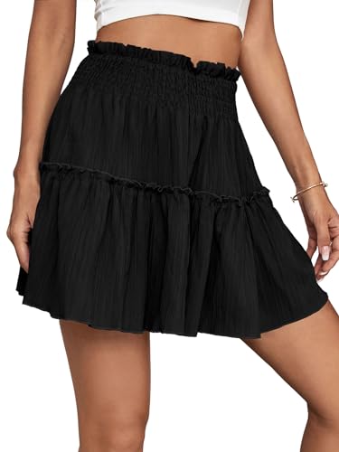OPOIPIN Women's Summer Cute High Waist Ruffle Skirt Swing Beach Mini Skirt Plain Black Medium3