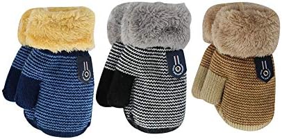 ORVINNER 3 Pairs Baby Boys Girls Winter Sherpa Lined Mittens Toddler Kids Warm Knit Gloves with String (Navy stripe/Beige stripe/Black stripe)
