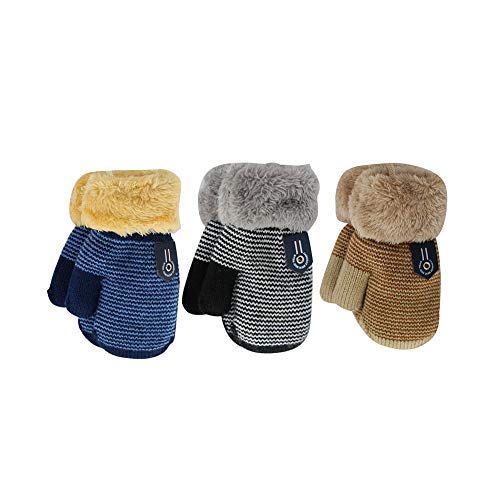 Orvinner 3 Pairs Baby Boys Girls Winter Sherpa Lined Mittens Toddler Kids Warm Knit Gloves With String (Navy Stripe/Beige Stripe/Black Stripe) #TOP27