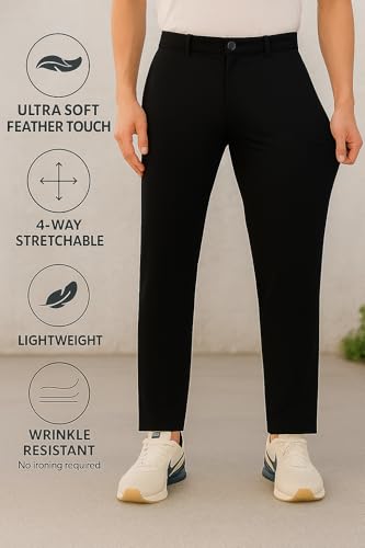 Image of SaintX Men's Premium 4-Way Stretchable Formal Summer Pants | Stylish Slim Fit Multi-Purpose Athleisure Trousers | Business Casual Office /Anytime Wear | Ultra Soft Feather Touch Sunscreen Fabric