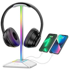 New bee RGB Headphone Stand with 1 USB-C Charging Port and 1 USB Charging Port, Desk Gaming Headset Stand with 7 Light Modes and Non-Slip Rubber Base Suitable for All Earphone Accessories (Silver)