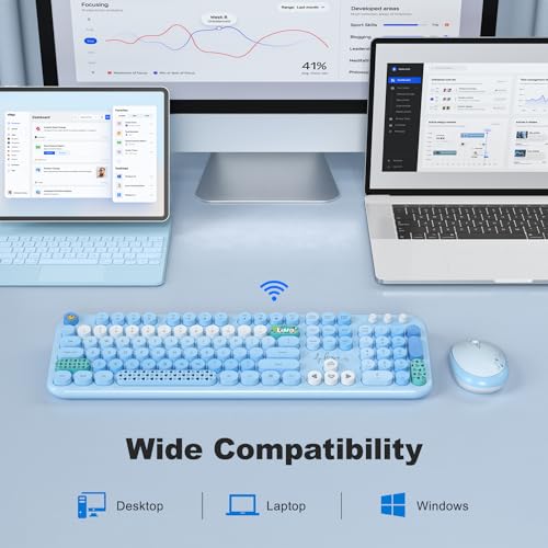 Image of KNOWSQT Wireless Keyboard and Mouse Combo - Lovely Blue Rainbow 2.4G Full-Sized Colorful Keyboards, Round Keycap USB Dongle Plug Play Cute Keyboards for Windows, Laptop, PC, Desktop, Mac