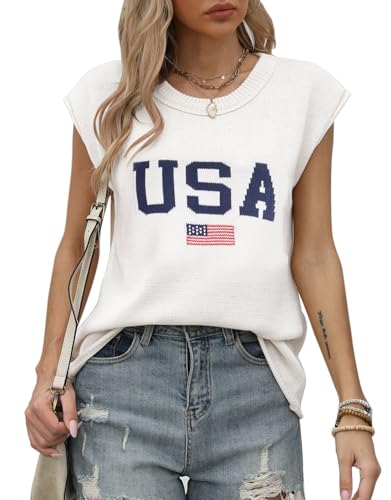 Image of Alsol Lamesa Women's American Flag Graphic Cap Sleeve Vest Knit Lightweight Sweater Crew Neck Tank Top 2024, Medium, 914 White