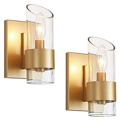 Image of WUZUPS Set of 2 1-Light Bathroom Wall Light Fixture Over Mirror Class Shade Morden Vanity Scones for Bathroom Bedroom Living Room, E12 Base, Gold