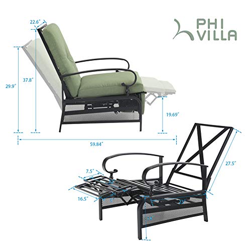 Phi Villa Oversized Patio Recliner Chair, Metal Outdoor Recliner Chair Zero Gravity Patio Lounge Chaise Chair With 4" Removable Cushions For Porch, Green #TOP4
