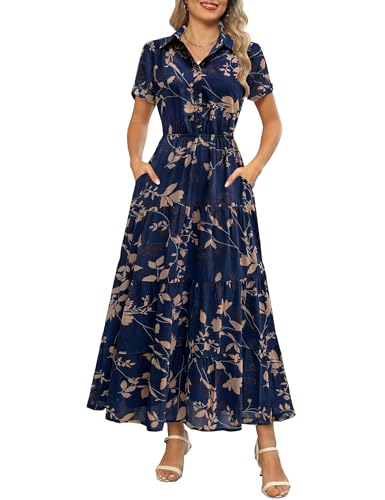 Kranda Women Summer Button Down Collared V Neck Short Sleeve Casual Long Beach Swing Flowy Chiffon Boho Floral Maxi Dress with Pockets Navy Floral,X-Large