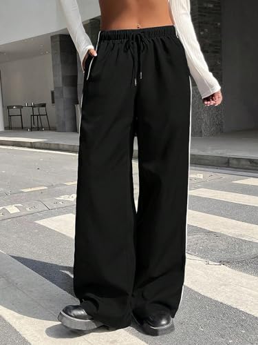 Womens Classic Casual Pants Drawstring Waist Wide Leg Cargo Pants3