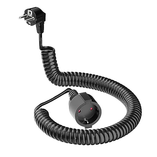 Schutzkontakt-Spiralverlängerung, 3m dehnbares Spiral-Kabel mit Schutzkontaktwickelstecker & Schutzkontaktkupplung, (230V/16A) PVC Verlängerungskabel, IP20, schwarz