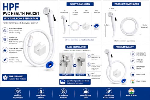 Image of HPF PVC Flexible Health Faucet Set with Gun, Pipe, Hook - Bathroom (Toilet Spray Gun) Accessories (Standard Size, White) with Free 1 Leak Proof Teflon Tape, Tube Length 1 Meter
