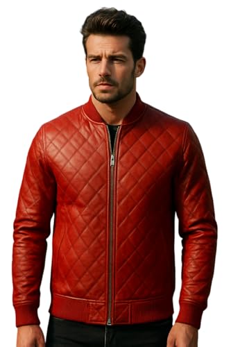 CHICAGO-FASHIONS College Boys Quilted Bomber Basesball Varsiry Letterman Red Leather Outerwear Jacket For Men