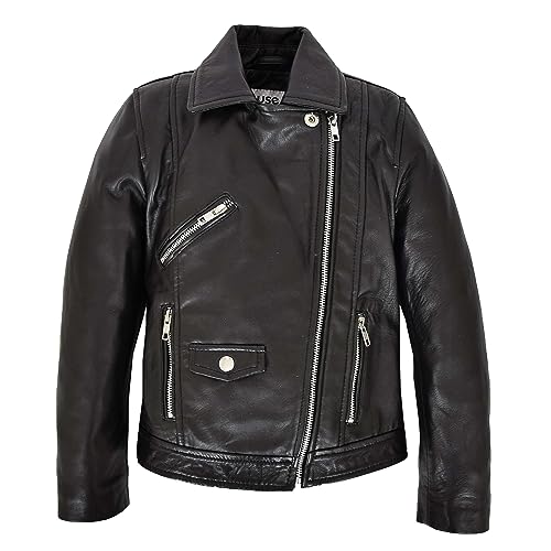 Girls Kids Children Real Leather Cross Zip Biker Style Jacket Emily Black3