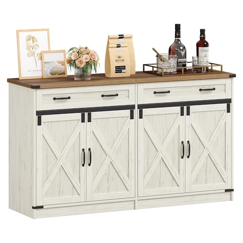 Hzuaneri Armario de Cocina, Aparador Cocina, Armario de Almacenamiento con 2 Cajón, 4 Puertas, Estantes Ajustables, 40 x 140 x 80 cm, Blanco Rústico y Marrón Miel SC94814X