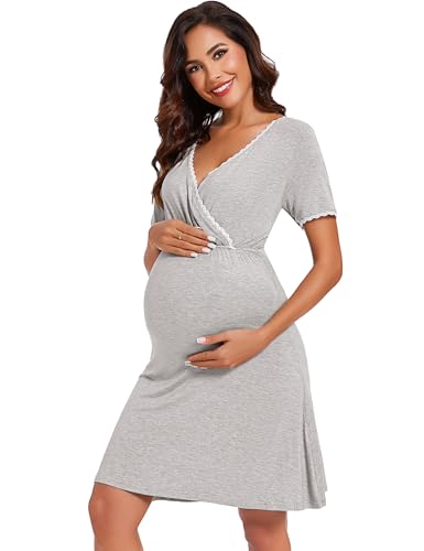 Leversic Womens Maternity Nightgown Short Sleeves Cotton Breastfeeding Nightdress ladies V-Neck Maternity Nightdress Labour gown for Hospital Postpartum Pajamas(Grey,M)