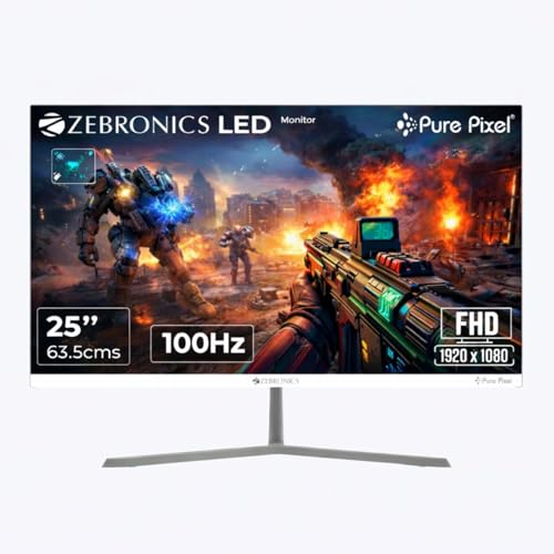 Image of ZEBRONICS A25FHD LED Monitor, 25 inch (63.23cm), 250 nits, 100Hz, FHD, 1920x1080, HDMI, VGA, Ultra Slim Bezel, Built-in Speakers, Metal Stand, Wall Mountable (A25FHD)