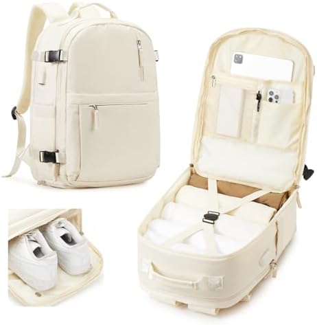 Cypak Lightweight Travel Backpack for Women Men Mochila de Viaje Luggage Backpack with USB Charging Port & Shoe Pouch Airline Approved Personal Item Travel Bag Waterproof Utility Backpack(Beige)