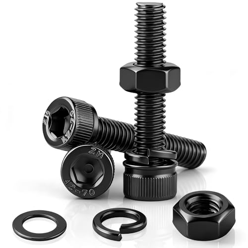 NZNSML 80 Pcs Hex Socket Head Cap Screws Nuts and Bolts M2.5 x 10 mm Black Socket Screws Carbon Steel Full Threads Allen Bolts with Nuts and Washers for Repair Bicycle Home DIY