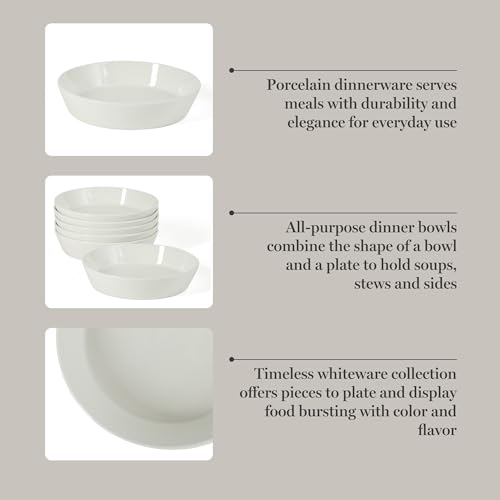 Image of Martha Stewart Selma Pasta Bowls Set of 6, 43oz White Porcelain Soup Bowls & Salad Bowl, Wide and Shallow, Chip Resistant, Dishwasher & Microwave Safe