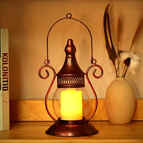 Laterne mit LED Kerze Outdoor, Orientalische Laterne Batteriebetrieben mit Warmweiß Flammeneffekt Kerzen für Innen, Retro Laterne für Draußen Wetterfest Garten Weihnachten Halloween Deko (Kupfer) Cover