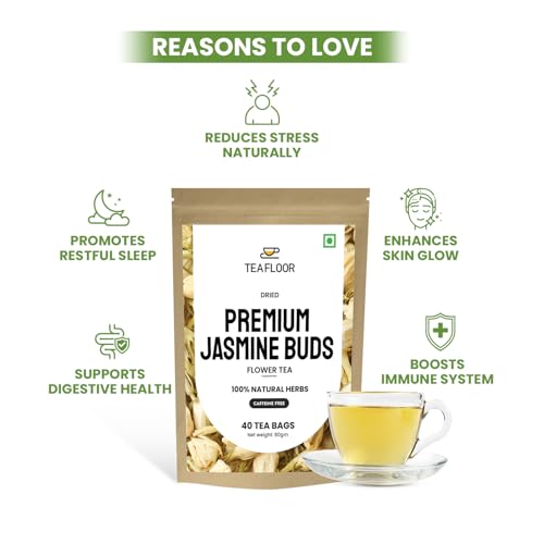Image of TEAFLOOR Jasmine Flower Tea Bags || 40 Tea Bags /80 Gram (Pack Of 1) || Farm Packed For Freshness || Pure Whole Flower Buds Of Jasmine, Herbal Tea Rich In Anti Oxidants, Better Sleep And Relaxation