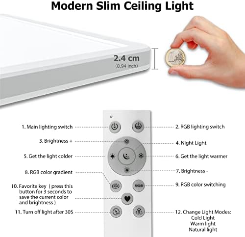 RGB LED Ceiling Light, 24W 3200LM Ceiling Lighting with Remote Control, Dimmable Ceiling Lamp 3000-6000K, IP54 Waterproof Bathroom Lights Ceiling, Square Flush Ceiling Lights for Kitchen Living Room