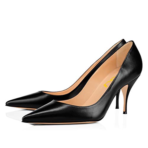 FSJ Women Classic Mid Heels Pointy Toe Pumps Office Ladies Formal Dress Shoes 12 Black 8CM