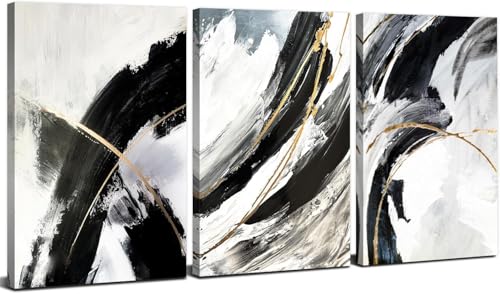 Conjunto decorativo de cuadros en lienzo blanco y negro - fotografía mural 3 piezas decoración para dormitorio cuadros abstractos con líneas decoración de pared en mármol neutro y dorado 12 x 16”