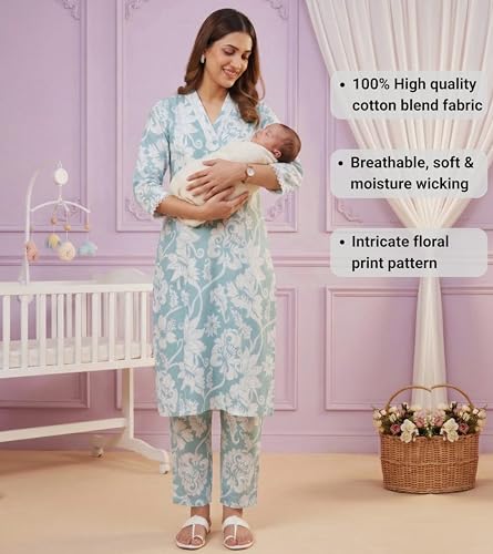 Image of DUMMY SHAPE Maternity Dresses for Women Cotton | Floral Kurta Pant Dupatta Set with Nursing Zippers, Side Pocket | Pre & Post Pregnancy | Feeding Kurti Suit | Baby Shower | Gifts for Pregnant Woman