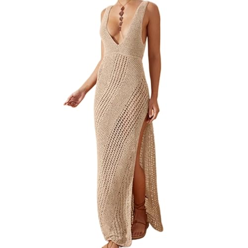 Bikini Cover Up, Cover Up Strandkleid Ärmelloses, rückenfreies, langes Strickkleid mit tiefem V-Ausschnitt for Damen, Bademode mit hohem Schlitz,...