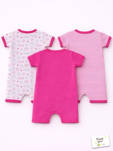 Image of Kidbee Infant Cotton Romper Set Pack of 3, Half Sleeve Front Open Bodysuit Jumpsuit for Baby Boys & Girls, 0-9 Months