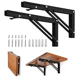 Storystore Folding Shelf Brackets - 8 Inch Heavy Duty Metal Collapsible Shelf Bracket for Bench Table, Shelf Hinge Wall Mounted Space Saving DIY Bracket, Max Load: 150 lb (2 PCS, Black)