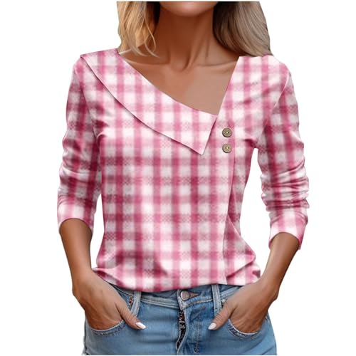 Log in, Summer Tops for Women 2024 Trendy Casual Long Sleeve Dressy Blouses Elegant Asymmetric V Neck Button Tshirts Shirts Fashion Boho Vintage Graphic Tees Western Outfits Clothing(A Pink,Medium)