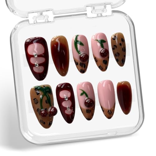Handmade Press on Nails Brown French Medium Almond Fake Nails with Cherry Rhinestone Design Spring Summer False Nails Luxury Gradient Stick on Nail Muti-Layer Gel Acrylic Nail for Women (Size M)