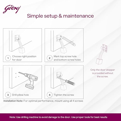 Image of Godrej Door Fittings | Door Stopper for Home with Rubber (Pack of 2, Satin Steel) | Rubber Stopper with Click Action | 180 Swing Control | Heavy Duty Stopper for Home, Office & Hotel